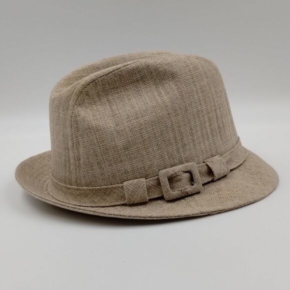 𝅺VINTAGE Stetson Fedora Brown Linen Look Tweed With Faux Buckle Size 7-1/8